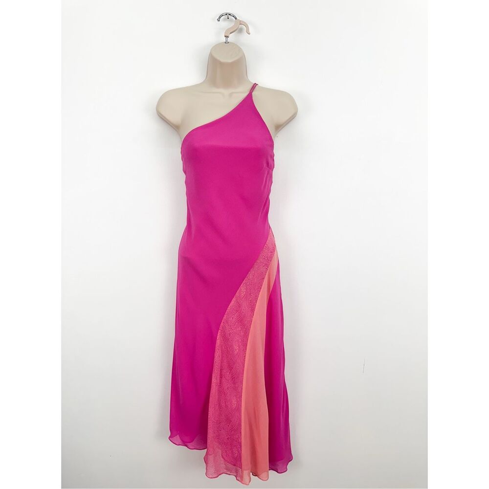 Express Women’s Vintage Y2K Pink Silk One Shoulder Slip Asymmetrical Hem Paisley - Picture 1 of 12